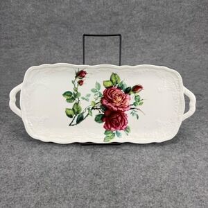 I. Godinger & Co. Porcelain Serving Tray Pink Rose Floral Handled Platter 15in